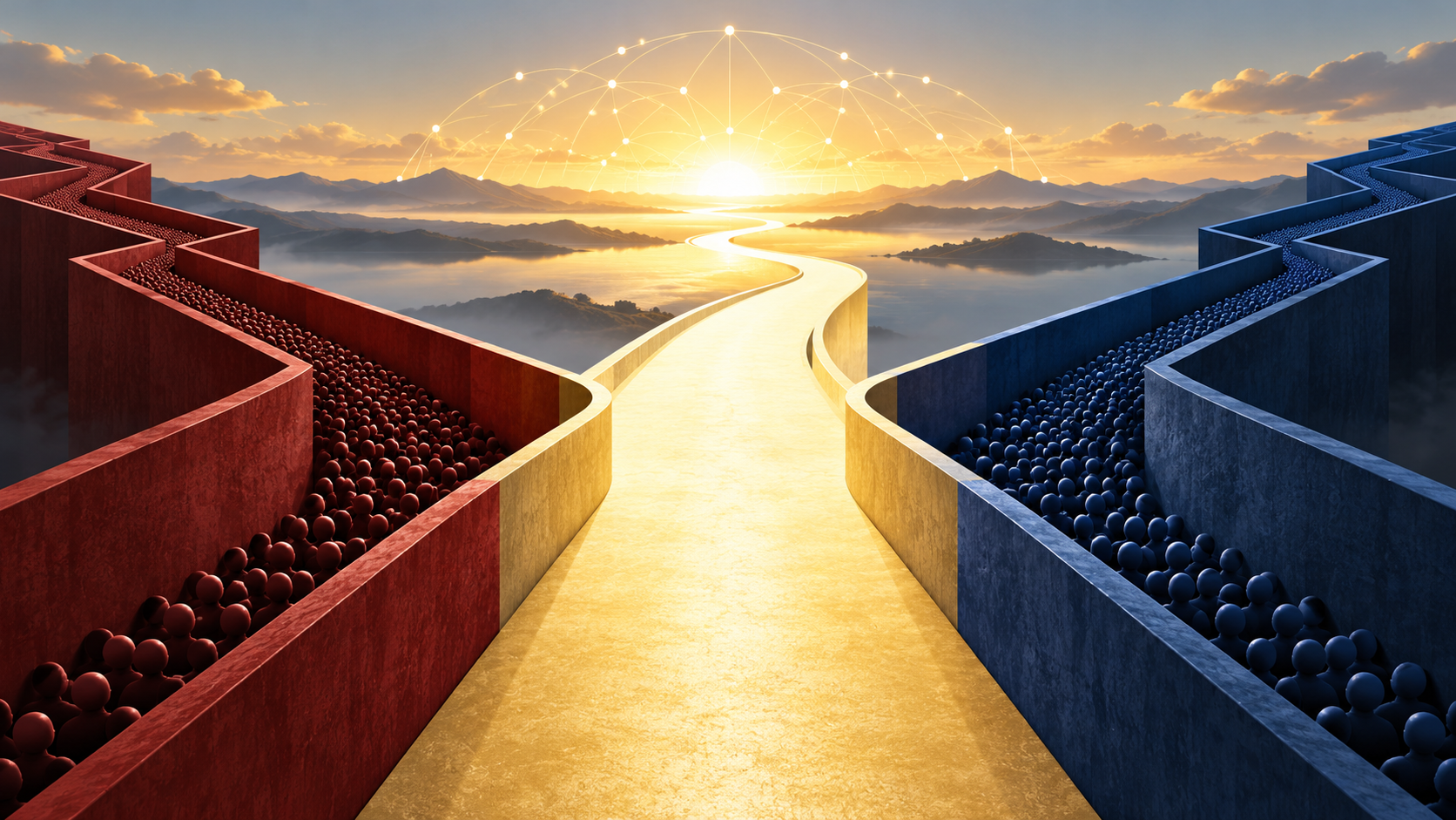 A golden path leads forward between divided red and blue crowds at sunrise.