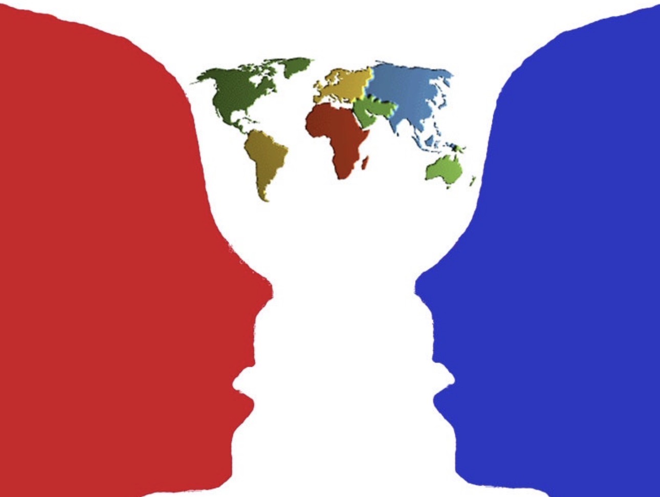Red and blue profiles face across a white silhouette containing a world map.