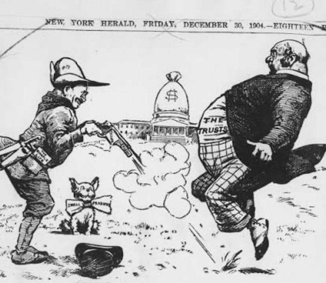 1904 New York Herald political cartoon depicting Theodore Roosevelt confronting the trusts