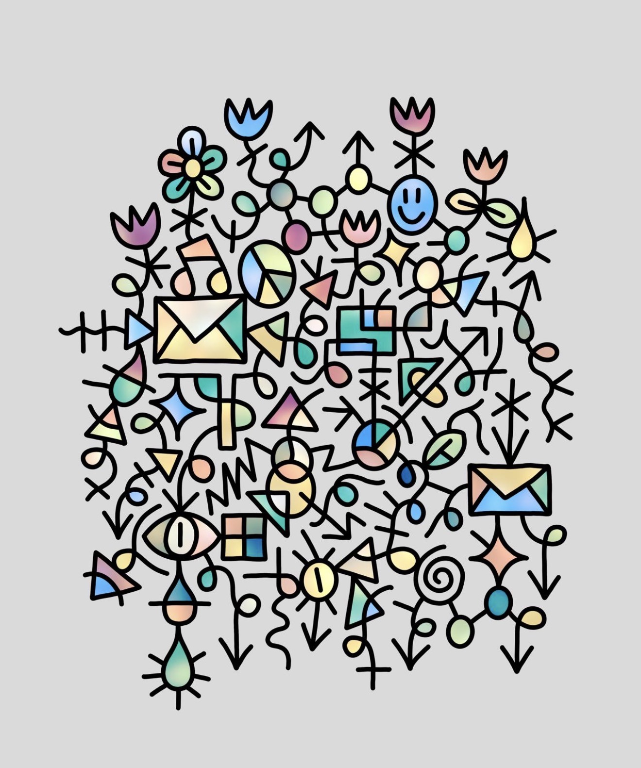 Colorful hand-drawn symbols, faces, arrows and shapes connected across a light background.